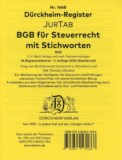 DürckheimRegister® BGB im Steuerrecht 2022 MIT STICHWORTEN - Constantin Dürckheim, Thorsten Glaubitz