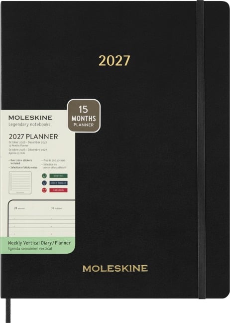 Moleskine 15 Monate Essential Wochenkalender 2026/2027, 1 Wo = 2 Seiten, vertikal, XXL, weicher Einband, Schwarz - 