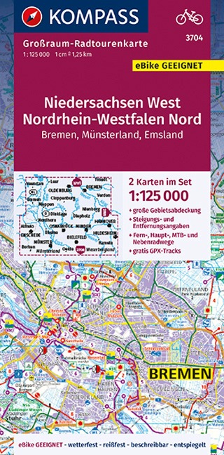 KOMPASS Großraum-Radtourenkarte 3704 Niedersachsen West, Nordrhein-Westfalen Nord 1:125.000 - 