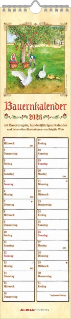 Streifenplaner Bauernkalender 2026 - Streifen-Kalender 11,3x49x5 cm - mit 100-jährigem Kalender und Bauernregeln - Wandplaner - Alpha Edition - 