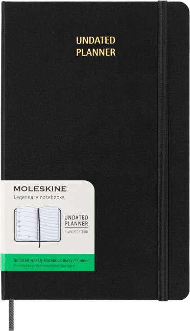 Moleskine undatierter Wochen Notizkalender, L/A5, 1 Wo = 1 Seite, Rechts linierte Seite, Fester Einband mit Textprägung gold, Schwarz - 