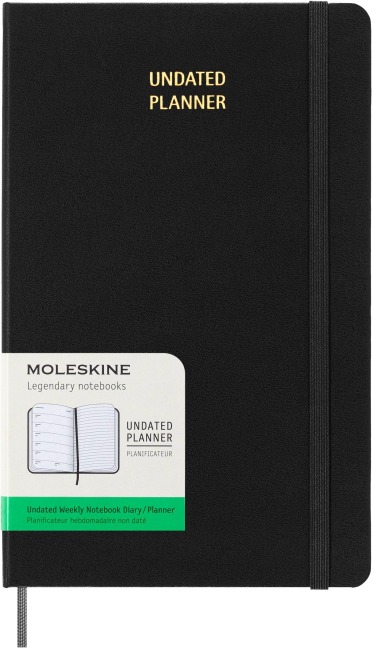Moleskine undatierter Wochen Notizkalender, L/A5, 1 Wo = 1 Seite, Rechts linierte Seite, Fester Einband mit Textprägung gold, Schwarz - 