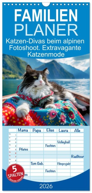 Familienplaner 2026 - Katzen-Divas beim alpinen Fotoshoot. Extravagante Katzenmode mit 5 Spalten (Wandkalender, 21 x 45 cm) CALVENDO - Rose Hurley