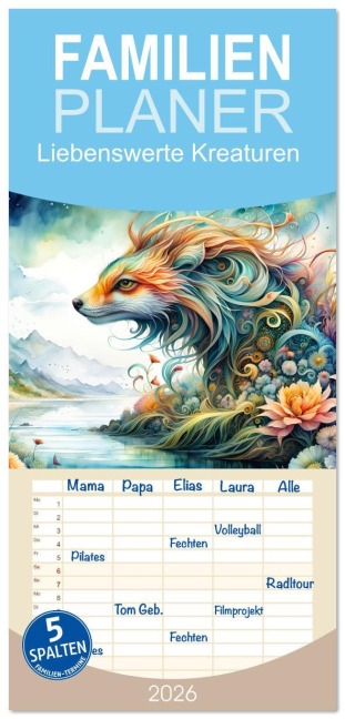 Familienplaner 2026 - Liebenswerte Kreaturen mit 5 Spalten (Wandkalender, 21 x 45 cm) CALVENDO - Dusanka Djeric