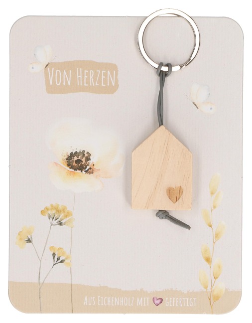 Butzon & Bercker Holz-Schlüsselanhänger Von Herzen 10,5 x 3 cm - aus unbehandeltem Eichenholz mit Herz-Lasergravur, graues Lederband, Lieferung auf Backcard mit inspirierendem Spruch - 