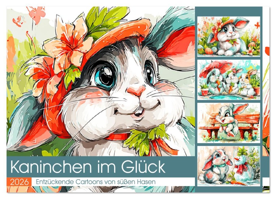 Kaninchen im Glück. Entzückende Cartoons von süßen Hasen (Wandkalender 2026 DIN A2 quer), CALVENDO Monatskalender - Rose Hurley