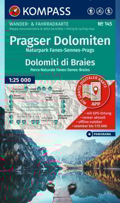 KOMPASS Wanderkarte 145 Pragser Dolomiten, Naturpark Fanes-Sennes-Prags / Dolomiti di Braies, Parco Naturale Fanes-Senes-Braies 1:25.000 - 