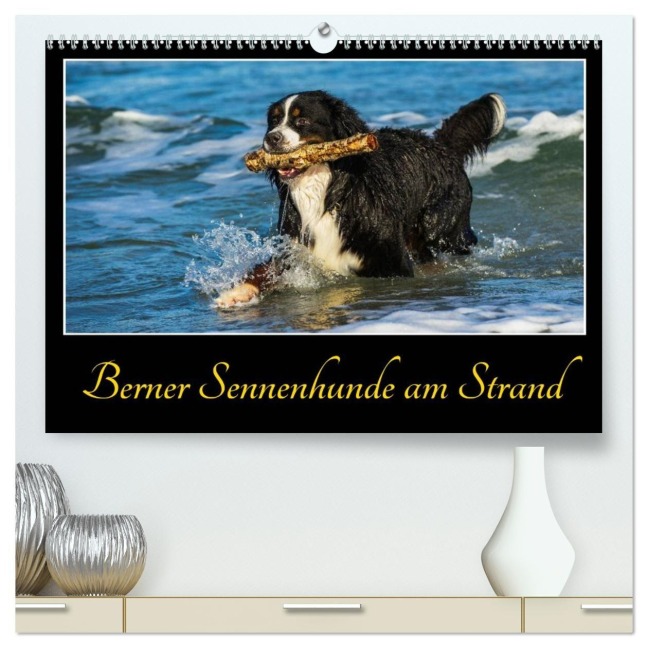 Berner Sennenhunde am Strand (hochwertiger Premium Wandkalender 2026 DIN A2 quer), Kunstdruck in Hochglanz - Sigrid Starick
