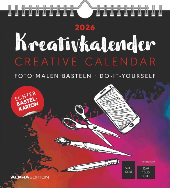 Kreativ-Kalender schwarz 2026 - 21x22 cm -  Foto, Malen, Basteln - datiert - Kreativkalender - Foto-Kalender - Alpha Edition - 