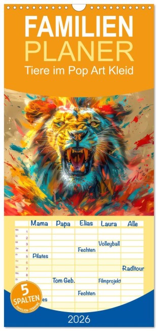 Familienplaner 2026 - Tiere im Pop Art Kleid mit 5 Spalten (Wandkalender, 21 x 45 cm) CALVENDO - Liselotte Brunner-Klaus