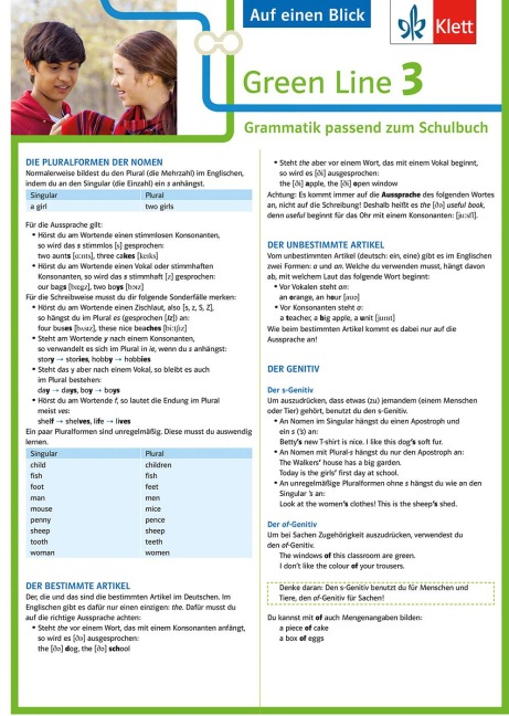 Green Line 3. Auf einen Blick. G8. Klasse 7. Grammatik passend zum Schulbuch - Klappkarte (6 Seiten) - 