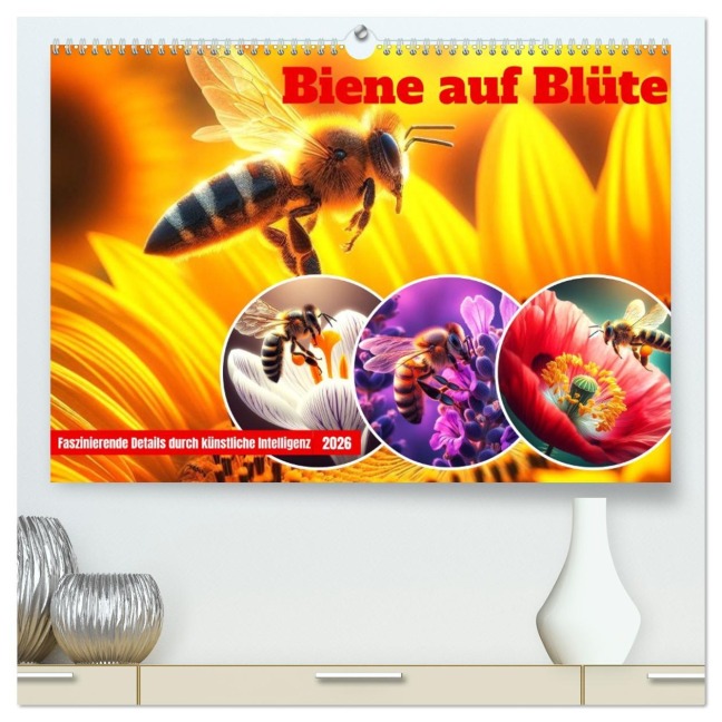 Biene auf Blüte - Faszinierende Details durch künstliche Intelligenz (hochwertiger Premium Wandkalender 2026 DIN A2 quer), Kunstdruck in Hochglanz - Marco Warstat