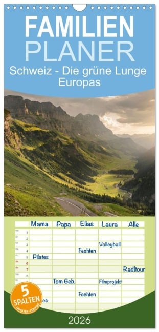 Familienplaner 2026 - Schweiz - Die grüne Lunge Europas mit 5 Spalten (Wandkalender, 21 x 45 cm) CALVENDO - Photostravellers Photostravellers