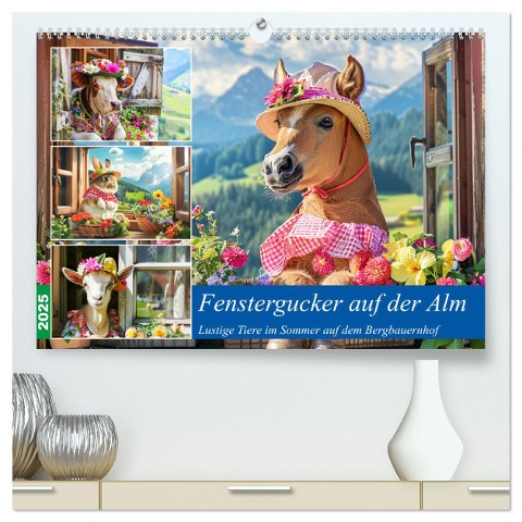 Fenstergucker auf der Alm. Lustige Tiere im Sommer auf dem Bergbauernhof (hochwertiger Premium Wandkalender 2025 DIN A2 quer), Kunstdruck in Hochglanz - Rose Hurley