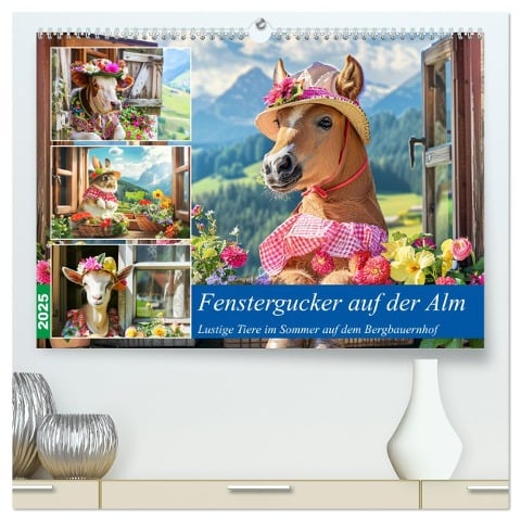 Fenstergucker auf der Alm. Lustige Tiere im Sommer auf dem Bergbauernhof (hochwertiger Premium Wandkalender 2025 DIN A2 quer), Kunstdruck in Hochglanz - Rose Hurley