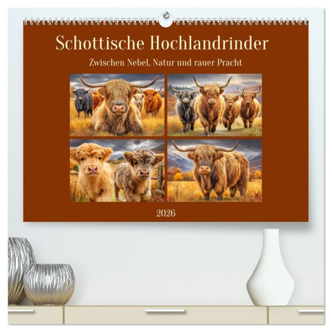 Schottische Hochlandrinder. Zwischen Nebel, Natur und rauer Pracht (hochwertiger Premium Wandkalender 2026 DIN A2 quer), Kunstdruck in Hochglanz - Rose Hurley