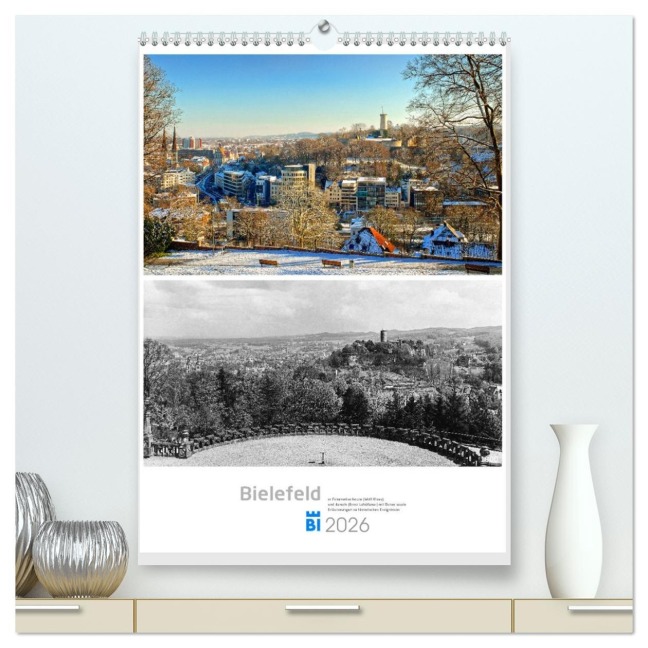 Bielefelder Fotomotive heute und damals mit historischen Ereignissen (hochwertiger Premium Wandkalender 2026 DIN A2 hoch), Kunstdruck in Hochglanz - Wolf Kloss