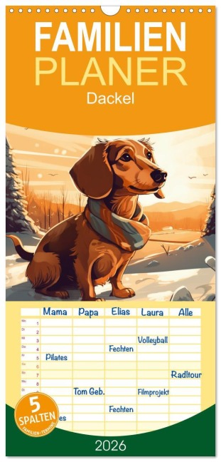 Familienplaner 2026 - Dackel mit 5 Spalten (Wandkalender, 21 x 45 cm) CALVENDO - Tim Alberts