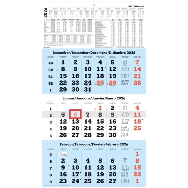 3-Monatskalender blau 2026 - 33x45 - mit Kopftafel - Datumsschieber - 958-0015 - 