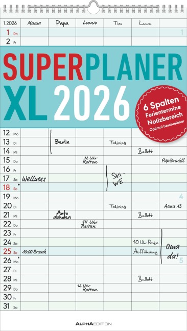 Superplaner XL 2026 6 Spalten - Familien-Timer 26x45 cm - Offset-Papier - mit Ferienterminen - Wand-Planer - Familienkalender - Alpha Edition - 