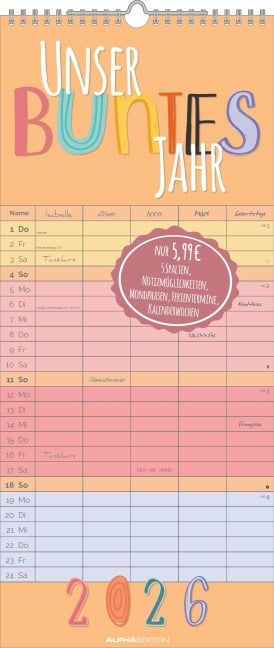 Unser buntes Jahr 2026 Familienplaner - Terminkalender - Familienkalender - 19,5x45 - 