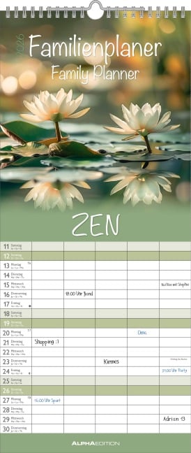 Familienplaner Zen 2026 - Familien-Timer 19,5x45 cm - 5 Spalten - Wand-Planer - viel Platz für Eintragungen - Familienkalender - Alpha Edition - 