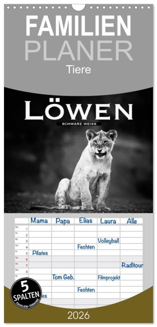 Familienplaner 2026 - Löwen schwarz weiß mit 5 Spalten (Wandkalender, 21 x 45 cm) CALVENDO - Robert Styppa