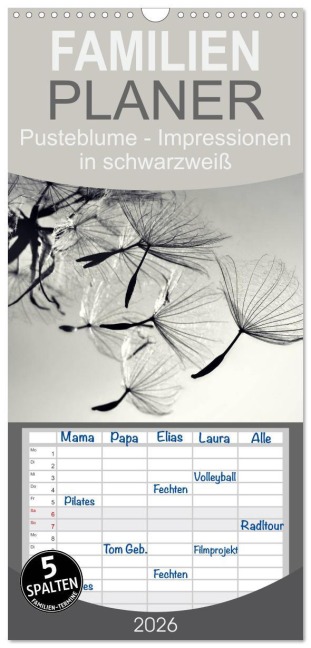 Familienplaner 2026 - Pusteblume - Impressionen in schwarzweiß mit 5 Spalten (Wandkalender, 21 x 45 cm) CALVENDO - Julia Delgado