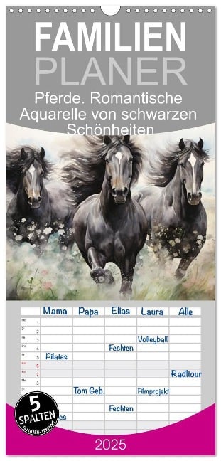 Familienplaner 2025 - Pferde. Romantische Aquarelle von schwarzen Schönheiten mit 5 Spalten (Wandkalender, 21 x 45 cm) CALVENDO - Rose Hurley