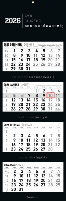 4-Monatskalender Black 2026 - Büro-Kalender 33x20 cm (geschlossen), 33x100 (geöffnet) - faltbar - mit Datumsschieber - Alpha Edition - 