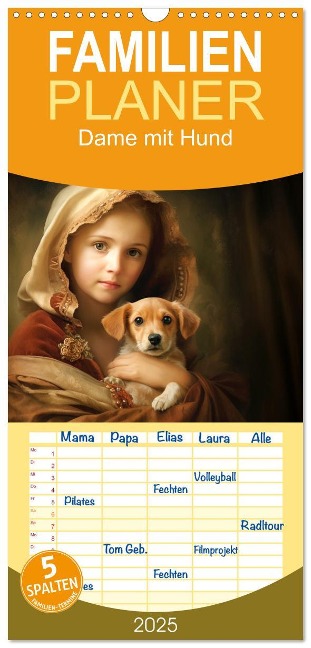 Familienplaner 2025 - Dame mit Hund mit 5 Spalten (Wandkalender, 21 x 45 cm) CALVENDO - Daniela Tapper