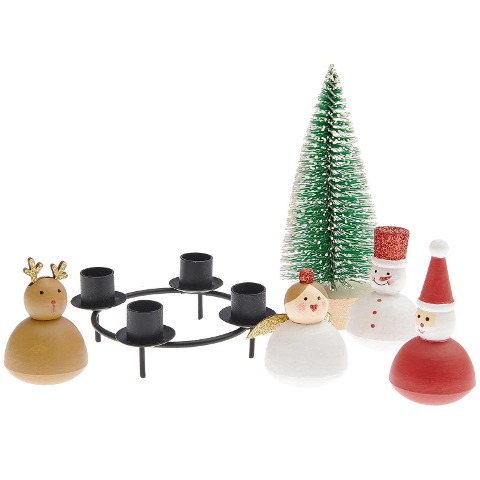 Mini-Adventskranz Deko "X-Mas Figuren", 6-teilig, mit Kerzenhalter, für 13mm Kerzen, FSC 100% - 