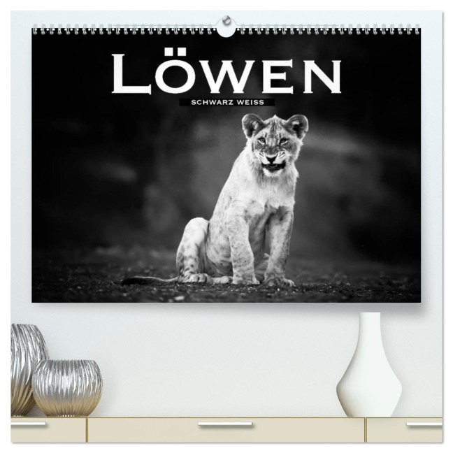 Löwen schwarz weiß (hochwertiger Premium Wandkalender 2026 DIN A2 quer), Kunstdruck in Hochglanz - Robert Styppa