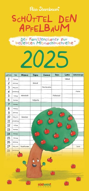 Schüttel den Apfelbaum - der Familienplaner zur beliebten Mitmachbuchreihe von Nico Sternbaum - Monats-Wandkalender 2025 zum Aufhängen, mit Spiralbindung, 22,4 x 48,5 cm - Nico Sternbaum