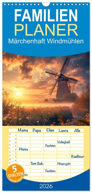 Familienplaner 2026 - Märchenhaft Windmühlen mit 5 Spalten (Wandkalender, 21 x 45 cm) CALVENDO - Steffen Gierok-Latniak