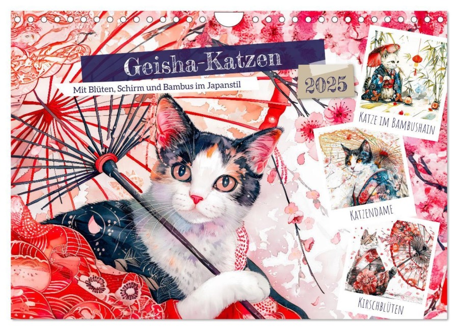 Geisha-Katzen - Mit Blüten, Schirm und Bambus im Japanstil (Wandkalender 2025 DIN A4 quer), CALVENDO Monatskalender - Anja Frost