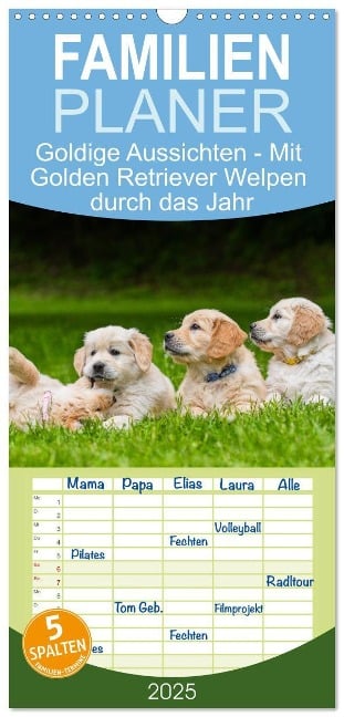 Familienplaner 2025 - Goldige Aussichten - Mit Golden Retriever Welpen durch das Jahr mit 5 Spalten (Wandkalender, 21 x 45 cm) CALVENDO - Sigrid Starick