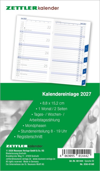 Kalenderersatzeinlage TP 1M/2S Registerschnitt 2027 - 