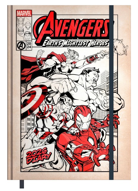 Pyramid - Avengers 2026 - Buchkalender A5 (15×21 cm) mit wöchentlichen Motiven von Spider-Man, Iron Man, Thor & Captain America, Planer für Schule, Uni & Superhelden-Fans - 