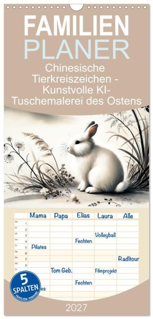 Familienplaner 2027 - Chinesische Tierkreiszeichen - Kunstvolle KI-Tuschemalerei des Ostens mit 5 Spalten (Wandkalender, 21 x 45 cm) CALVENDO - Anja Frost