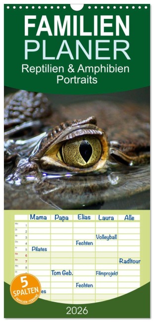 Familienplaner 2026 - Reptilien & Amphibien Portraits mit 5 Spalten (Wandkalender, 21 x 45 cm) CALVENDO - Klaus Vartzbed
