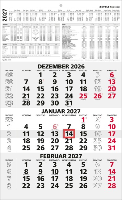 ZETTLER 3-Monatskalender schwarz/rot 2027 - 