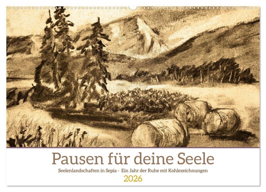 Pausen für deine Seele - Seelenlandschaften in Sepia - Ein Jahr der Ruhe mit Kohlezeichnungen (Wandkalender 2026 DIN A2 quer), CALVENDO Monatskalender - Michaela Schimmack