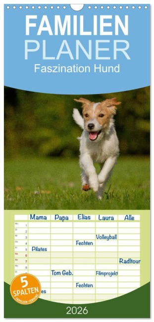 Familienplaner 2026 - Faszination Hund mit 5 Spalten (Wandkalender, 21 x 45 cm) CALVENDO - Tierfotografie Bischof Bischof