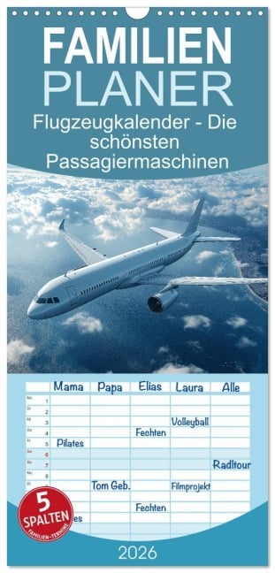 Familienplaner 2026 - Flugzeugkalender - Die schönsten Passagiermaschinen mit 5 Spalten (Wandkalender, 21 x 45 cm) CALVENDO - Mb Fotografie