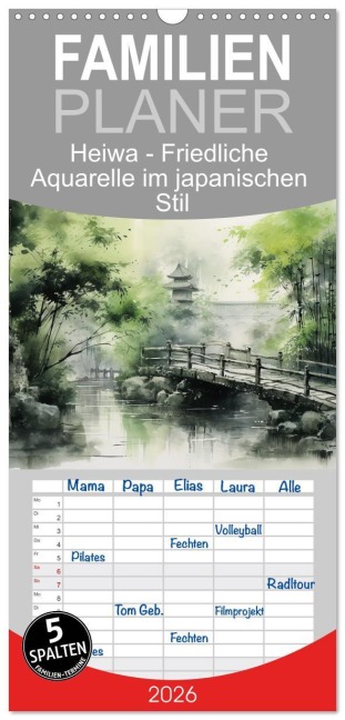 Familienplaner 2026 - Heiwa - Friedliche Aquarelle im japanischen Stil mit 5 Spalten (Wandkalender, 21 x 45 cm) CALVENDO - Cathrin Illgen