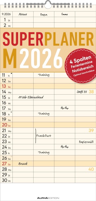Superplaner M 2026 4 Spalten - Familien-Timer 22x45 cm - Offset-Papier - mit Ferienterminen - Wand-Planer - Familienkalender - Alpha Edition - 