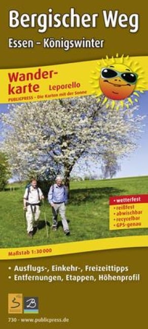 Wanderkarte Bergischer Weg, Essen - Königswinter 1 : 30 000 - 