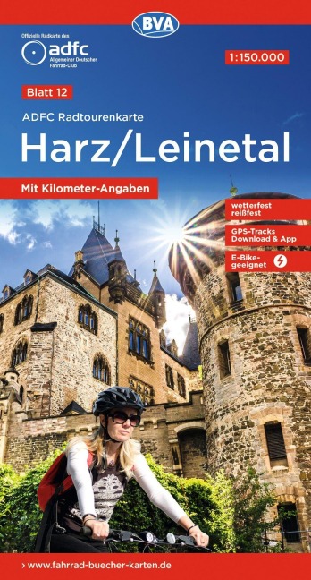 ADFC-Radtourenkarte 12 Harz /Leinetal 1:150.000, reiß- und wetterfest, E-Bike geeignet, GPS-Tracks Download, mit Bett+Bike Symbolen, mit Kilometer-Angaben - 