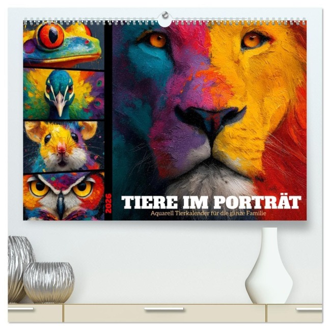 Tiere im Porträt - Aquarell Tierkalender für die ganze Familie (hochwertiger Premium Wandkalender 2026 DIN A2 quer), Kunstdruck in Hochglanz - Mb Fotografie